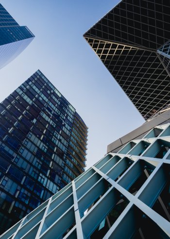 Tall offices and business skyscrapers in the heart of downtown Seattle, Washington.