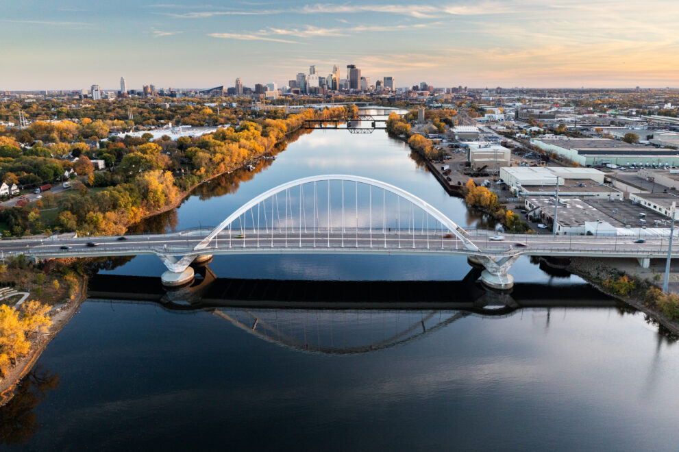 Aerial view of Minneapolis and the Lowry Avenue bridge